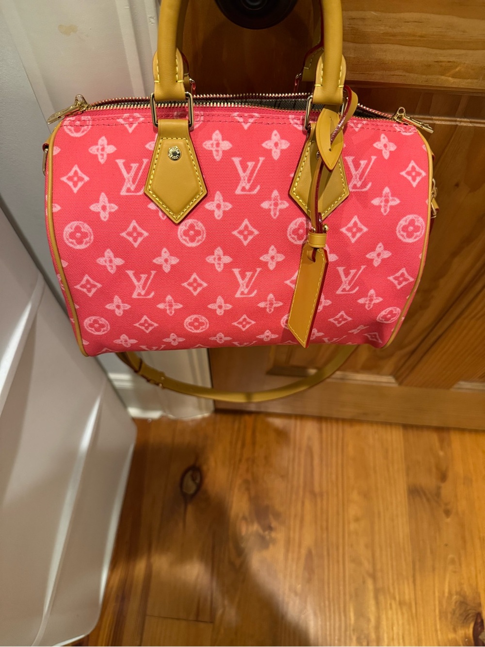Pink Monogram Speedy-Style Tote with Tan Trim